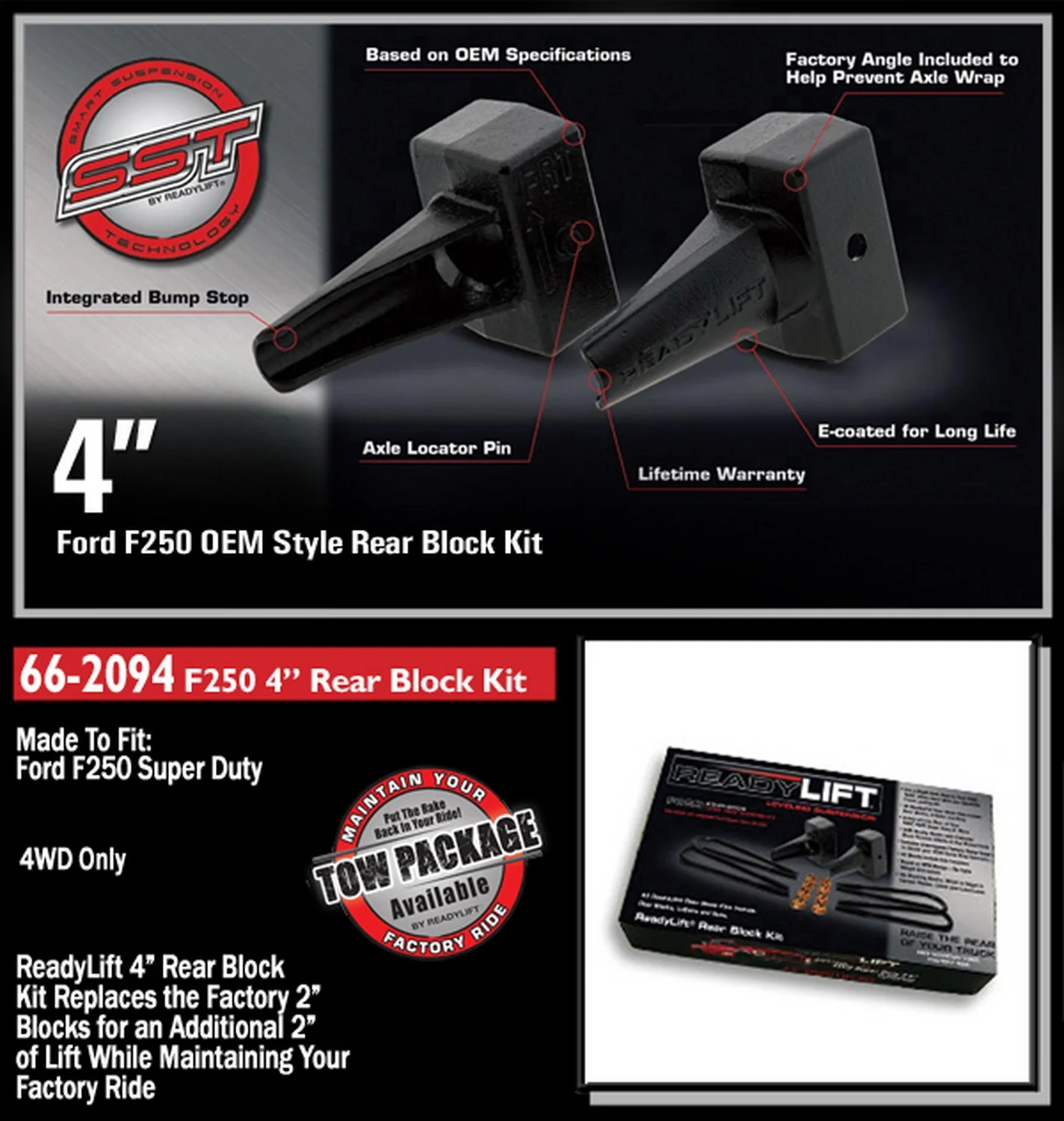 ReadyLift 4" Rear Block Kit for Ford SuperDuty 1-pc Drive Shaft Only 1999-2010 - Image 2