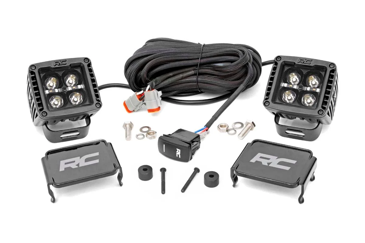 Rough Country 2" LED Cube Easy-Mount BLK AMB DRL 18+ Wrangler JL/Gladiator 70060